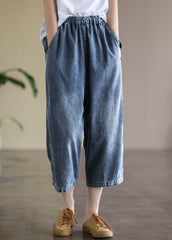 Baggy Light Blue Elastic Waist Pockets Denim Cotton Wide Leg Pants