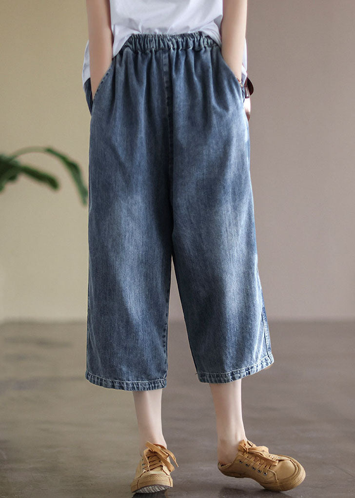 Baggy Light Blue Elastic Waist Pockets Denim Cotton Wide Leg Pants