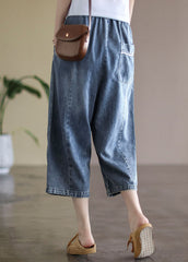 Baggy Light Blue Elastic Waist Pockets Denim Cotton Wide Leg Pants