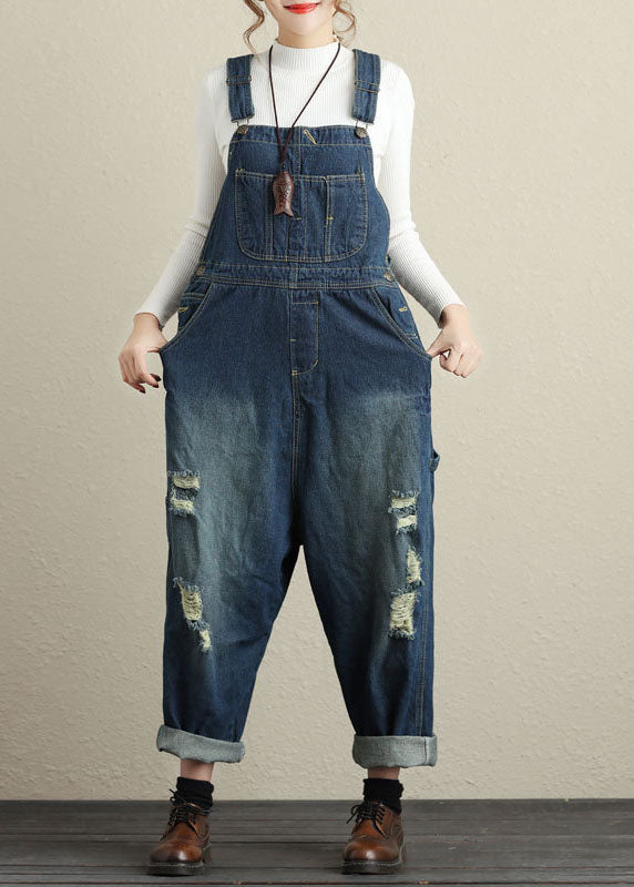 Baggy Navy Pockets Patchwork Denim Jumpsuits