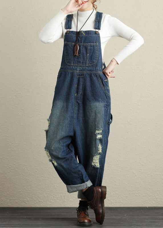 Baggy Navy Pockets Patchwork Denim Jumpsuits