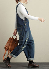 Baggy Navy Pockets Patchwork Denim Jumpsuits