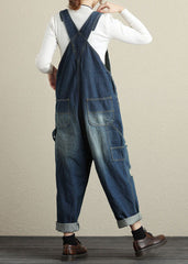 Baggy Navy Pockets Patchwork Denim Jumpsuits