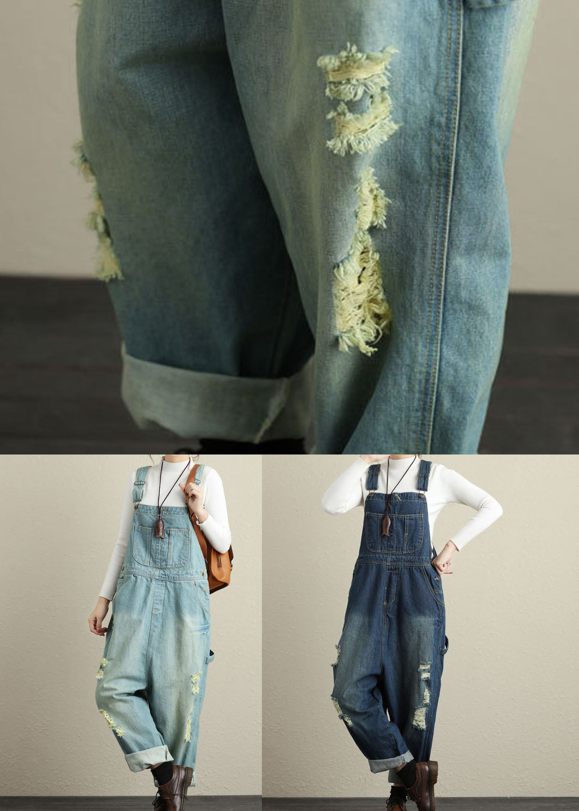 Baggy Navy Pockets Patchwork Denim Jumpsuits