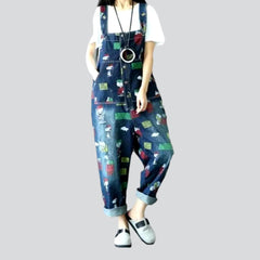 Baggy cartoon print denim jumpsuit for women