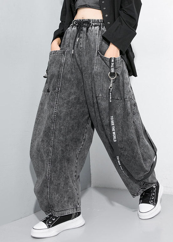 Beautiful Black Grey Cinched Patchwork denim Pants Trousers