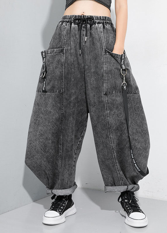 Beautiful Black Grey Cinched Patchwork denim Pants Trousers