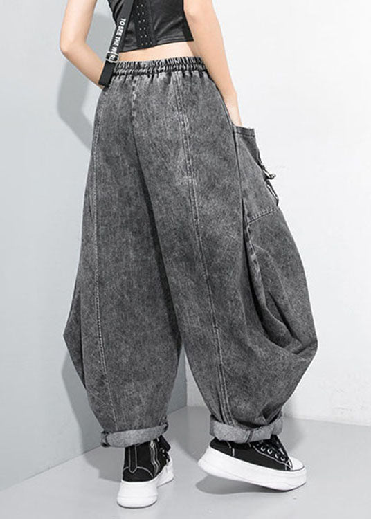 Beautiful Black Grey Cinched Patchwork denim Pants Trousers