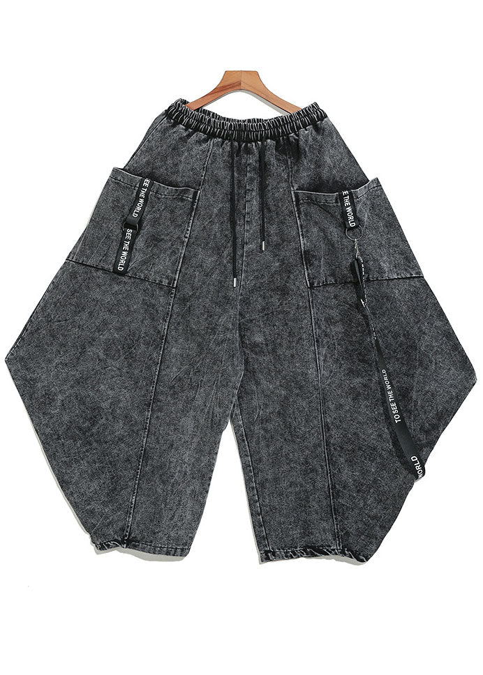 Beautiful Black Grey Cinched Patchwork denim Pants Trousers