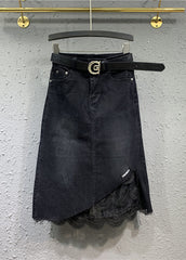 Beautiful Black Lace Pockets Patchwork Denim Skirt Fall