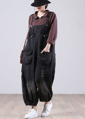 Beautiful Black Pockets Button Fall Hole Denim  Outfits Rompers