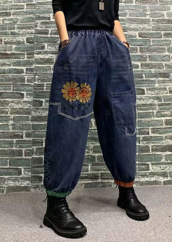 Beautiful Blue Embroideried Patchwork Elastic Waist Denim Crop Pants