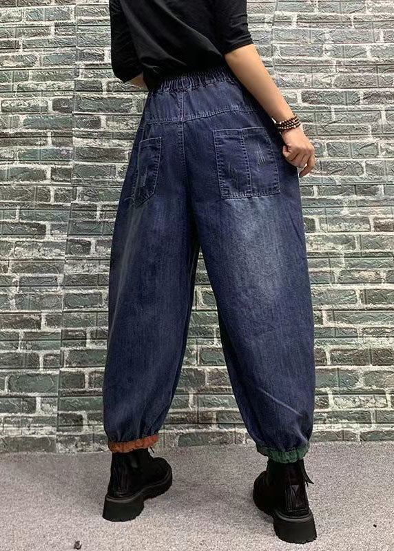 Beautiful Blue Embroideried Patchwork Elastic Waist Denim Crop Pants