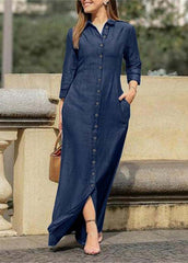 Beautiful Blue Peter Pan Collar Oversized Denim Maxi Dresses