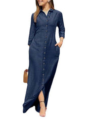 Beautiful Blue Peter Pan Collar Oversized Denim Maxi Dresses