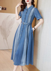 Beautiful Blue Peter Pan Collar Patchwork Sashes Silk Denim Long Dress Short Sleeve