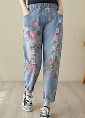 Beautiful Blue Print High Waist Denim Harem Pants