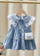 Hermoso vestido largo de mezclilla con patchwork y volantes azules para niñas