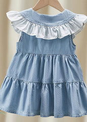 Beautiful Blue Ruffled Patchwork Denim Kids Girls Long Dress