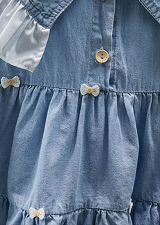 Beautiful Blue Ruffled Patchwork Denim Kids Girls Long Dress