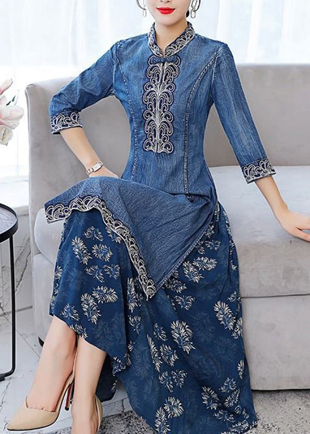 Beautiful Blue Stand Collar side open Embroideried Patchwork denim Dress Three Quarter sleeve