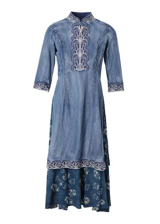 Beautiful Blue Stand Collar side open Embroideried Patchwork denim Dress Three Quarter sleeve