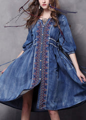 Beautiful Blue V Neck Embroideried Cotton Vacation Denim Dresses Half Sleeve