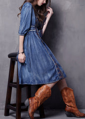 Beautiful Blue V Neck Embroideried Cotton Vacation Denim Dresses Half Sleeve