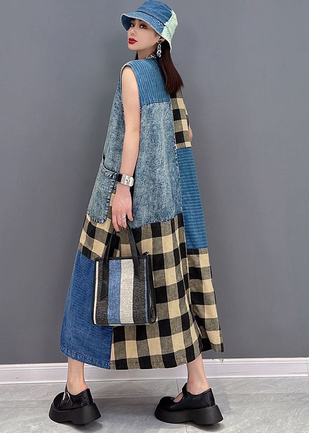 Beautiful Blue V Neck Pockets Patchwork Plaid Cotton Denim Long Dresses Sleeveless