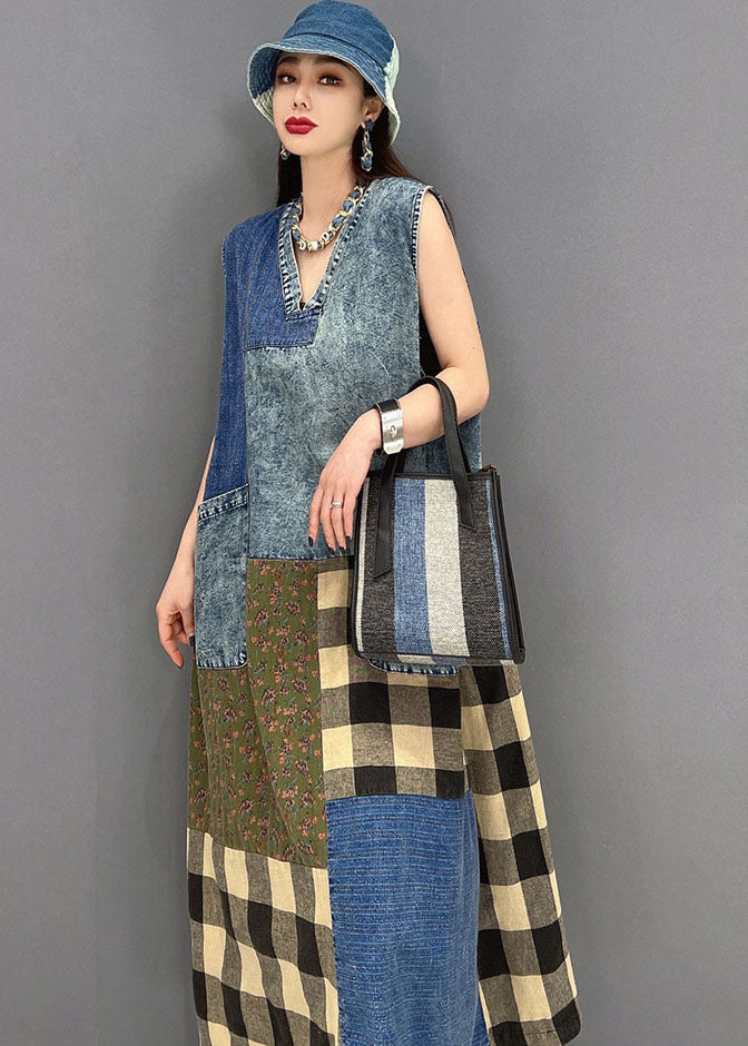 Schöne blaue V-Ausschnitt Taschen Patchwork Plaid Baumwolle Denim lange Kleider ärmellos