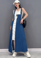 Beautiful Denim Blue Asymmetrical Design Patchwork Cotton Fake Two Piece Strap Dress