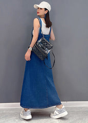 Beautiful Denim Blue Asymmetrical Design Patchwork Cotton Fake Two Piece Strap Dress