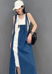 Beautiful Denim Blue Asymmetrical Design Patchwork Cotton Fake Two Piece Strap Dress