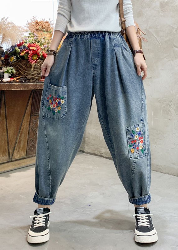 Beautiful Denim Blue Floral Embroideried Elastic Waist Pockets Cotton Harem Pants