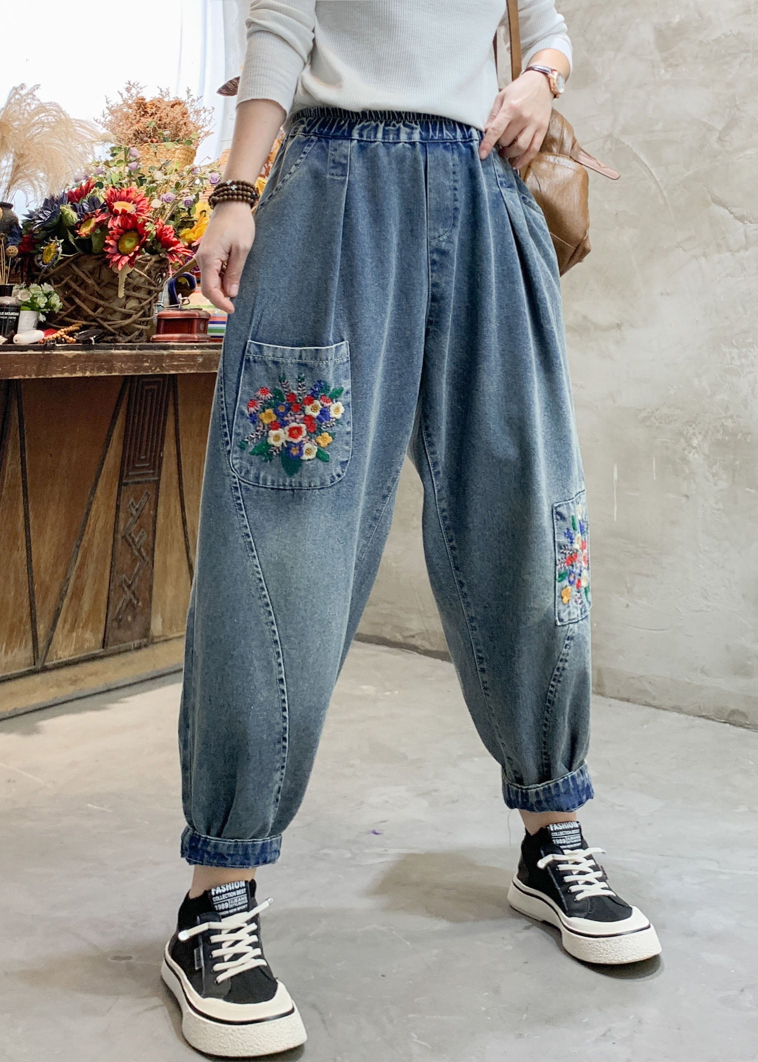 Beautiful Denim Blue Floral Embroideried Elastic Waist Pockets Cotton Harem Pants