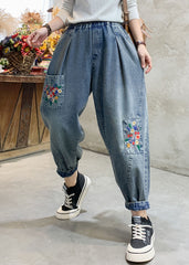 Beautiful Denim Blue Floral Embroideried Elastic Waist Pockets Cotton Harem Pants