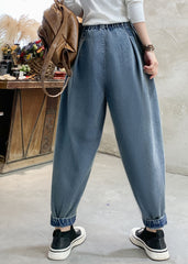 Beautiful Denim Blue Floral Embroideried Elastic Waist Pockets Cotton Harem Pants