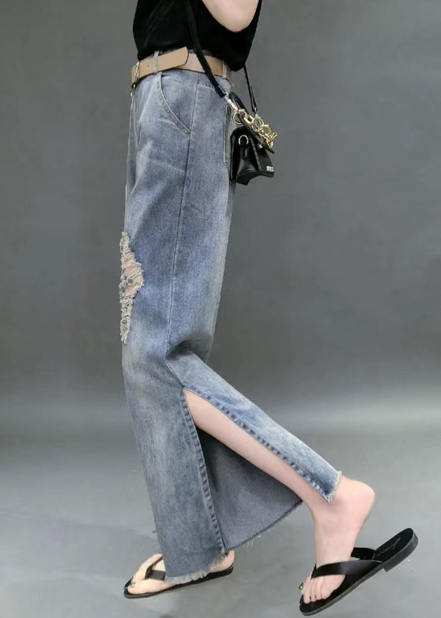 Beautiful Denim Blue High Waist Hole Pockets Side Open Cotton Straight Pants