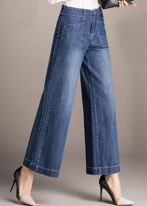 Beautiful Denim Blue High Waist Pockets Draping Cotton Straight Pants