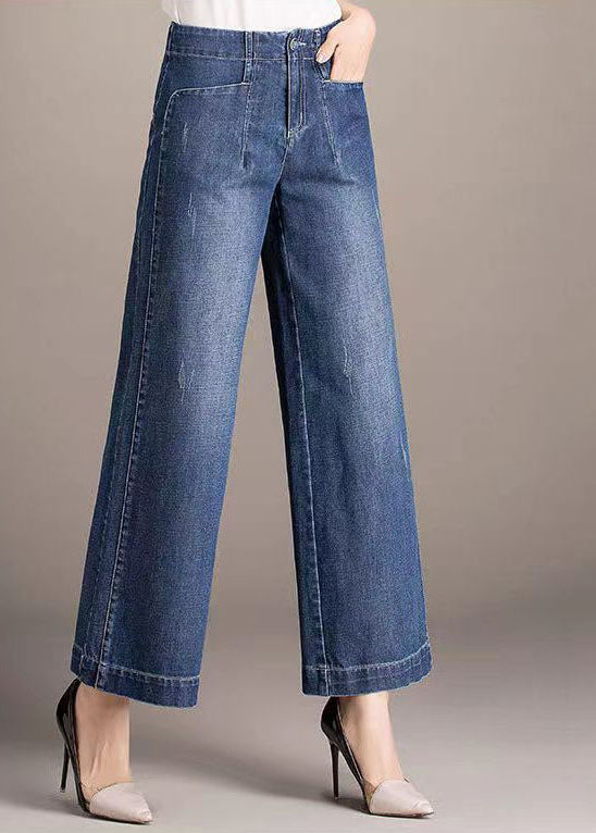 Beautiful Denim Blue High Waist Pockets Draping Cotton Straight Pants