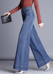 Beautiful Denim Blue High Waist Pockets Patchwork Cotton Wide Leg Pants Fall