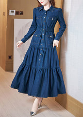 Beautiful Denim Blue Peter Pan Collar Patchwork Wrinkled Tunic Button Cotton Maxi Dresses Long Sleeve