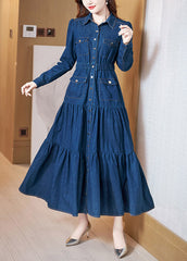 Beautiful Denim Blue Peter Pan Collar Patchwork Wrinkled Tunic Button Cotton Maxi Dresses Long Sleeve