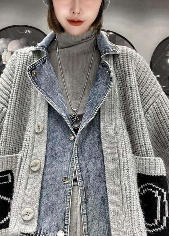 Beautiful Grey Denim Patchwork Pockets Button Fall Sweater Coat