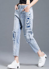 Beautiful Light Blue High Waist Letter Print Cotton Denim Jeans