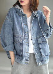 Beautiful Light Denim hooded Pockets Button Fall Long sleeve Coat