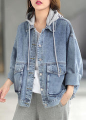 Beautiful Light Denim hooded Pockets Button Fall Long sleeve Coat