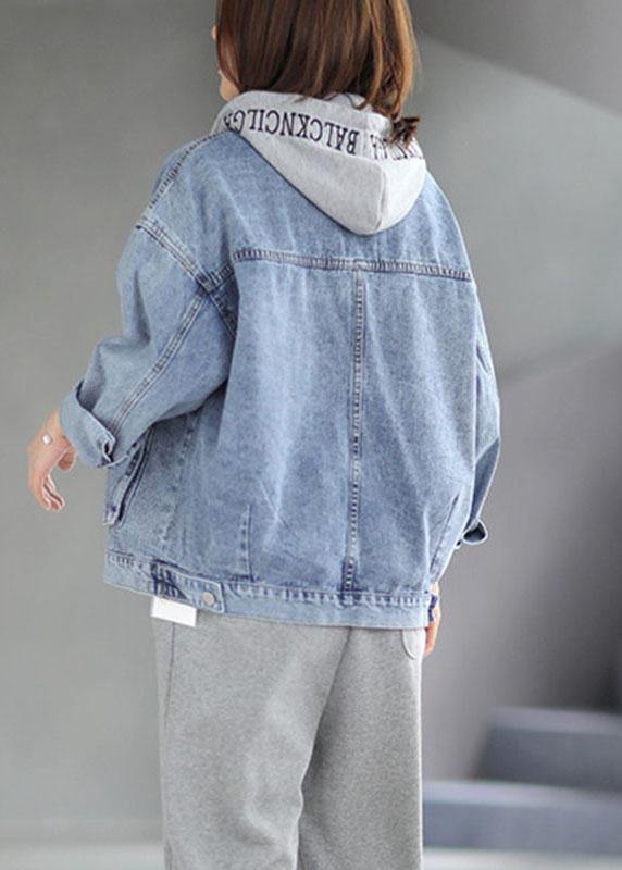 Beautiful Light Denim hooded Pockets Button Fall Long sleeve Coat