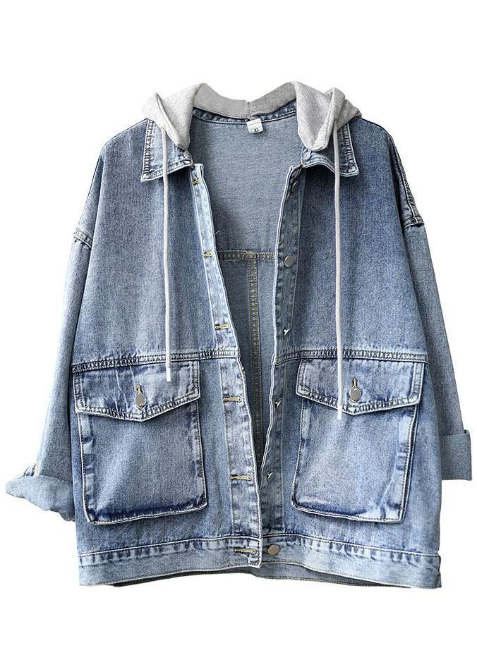 Beautiful Light Denim hooded Pockets Button Fall Long sleeve Coat