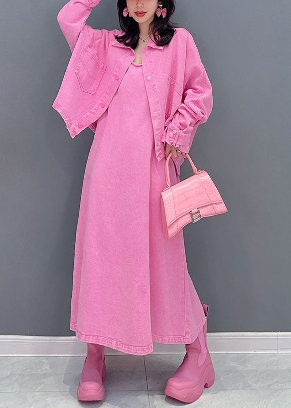 Beautiful Pink Coats And Dress Denim Two Pieces Set Fall